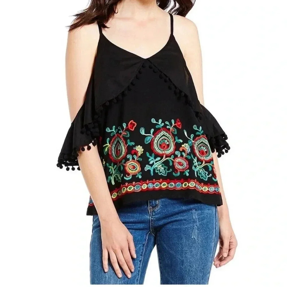 Gianni Bini Floral Embroidered Off Shoulder Top with Adjustable Straps